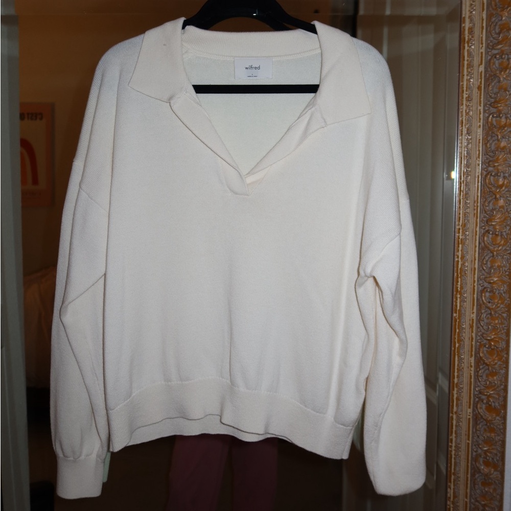 Wilfred Aritzia Cream Merino Wool Blend Polo Sweater | Size Large